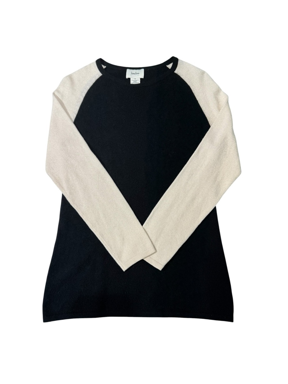 Neiman Marcus Black 100% Cashmere Crewneck Sweater Cream Raglan Sleeves Size S